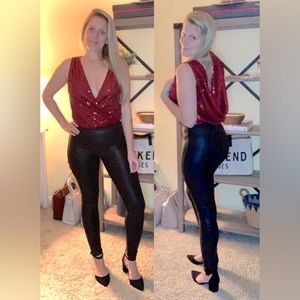 Evening of Wonder Burgundy Sequin Cowl Back Bodysuit